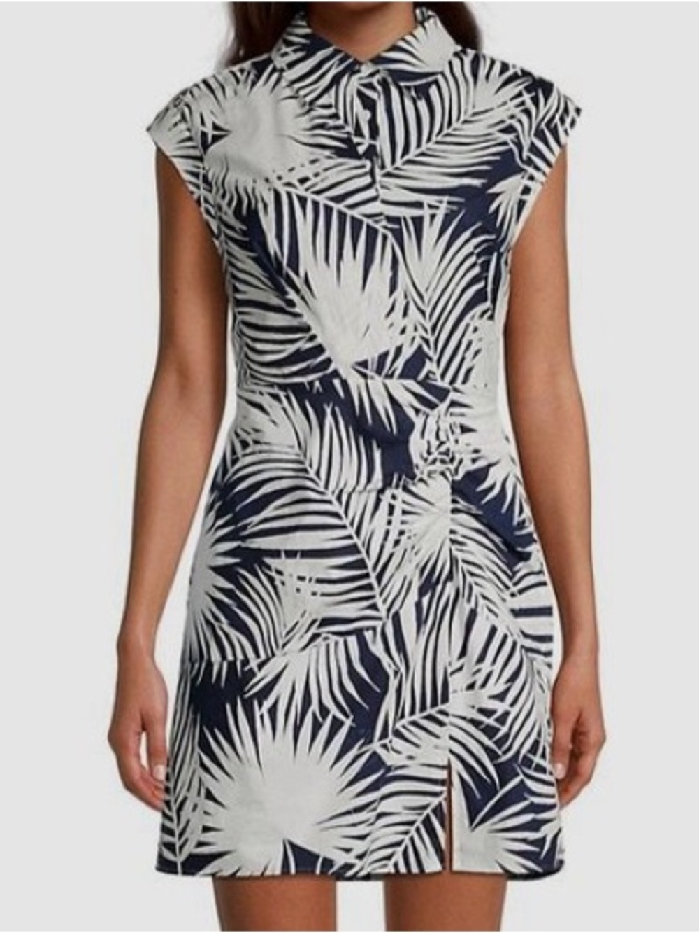 Milly Palm Print Faux Wrap Mini Shirt Dress Navy White Ruched